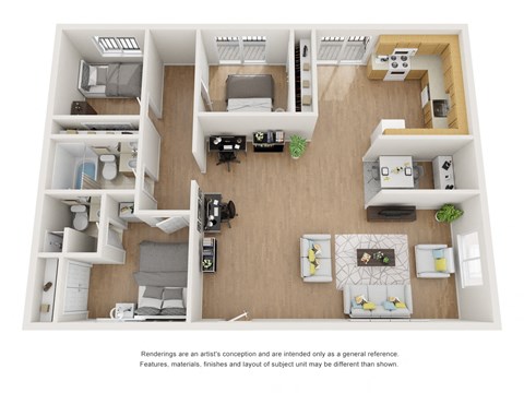 3 Bed 2 Bath Floor Plan at Kling Trio Apartments, Valley Village, CA, 91607